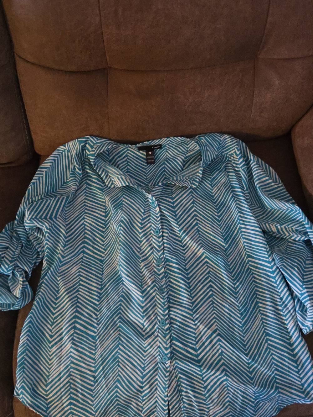 Aqua Teal and White Chevron Button-Up Blouse